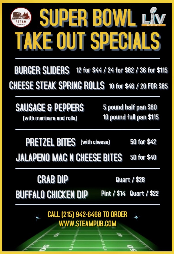 Super Bowl Take Out Specials Steam Pub